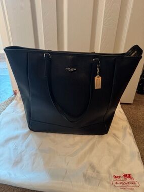 Coach Black Leather Tote with Logo Tag